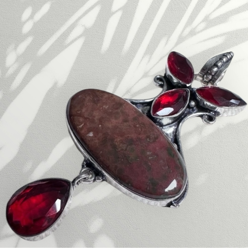 Handcrafted Artisan Jewelry Pendant Red Jasper and Simulated Ruby-Red Accent
